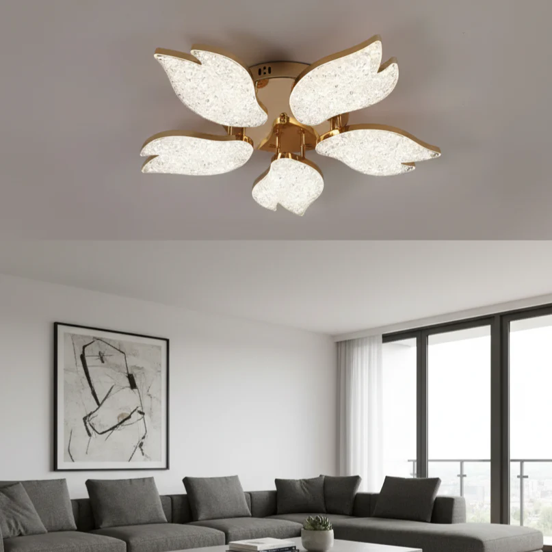 Lustra LED moderna aurie cu petale acrilice, 100W, Ø61 cm, model 9141/5 FGD, lumină 3000–6500K, telecomandă [2]