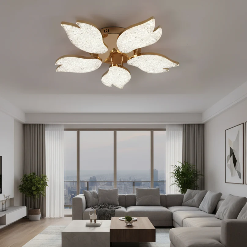 Lustra LED moderna aurie cu petale acrilice, 100W, Ø61 cm, model 9141/5 FGD, lumină 3000–6500K, telecomandă [3]