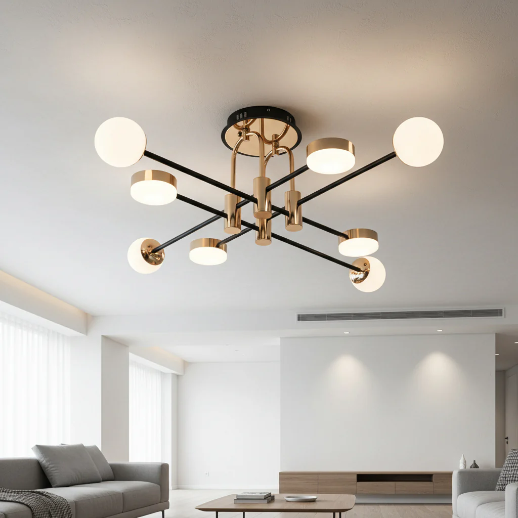 Lustră LED Modernă tip Sputnik – Design Industrial Negru cu Accente Aurii, 84W [3]