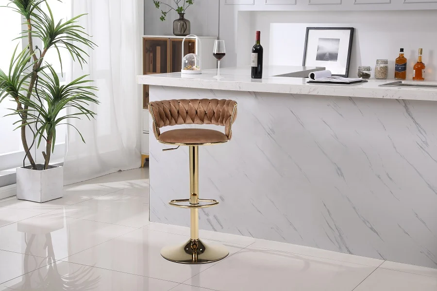 Scaun bar auriu catifea maro, lux, reglabil [2]