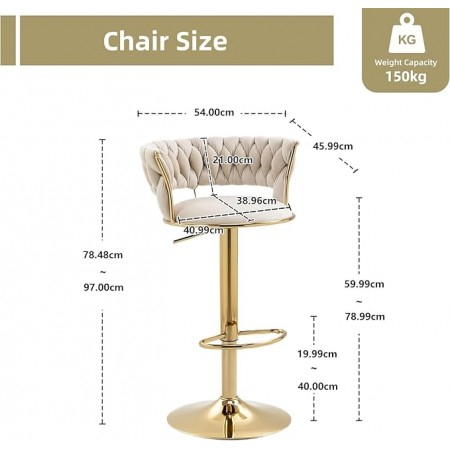 Scaun de bar modern reglabil 65-80 cm, rotativ 360°, cadru auriu, tapițerie velvet alb-bej, pentru bucătărie sau insulă [2]