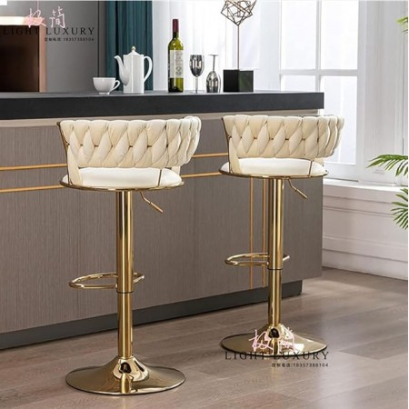 Scaun de bar modern reglabil 65-80 cm, rotativ 360°, cadru auriu, tapițerie velvet alb-bej, pentru bucătărie sau insulă [3]
