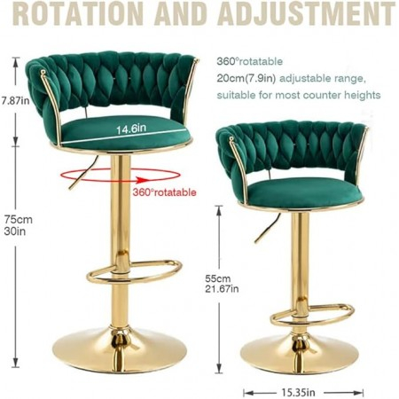 Scaun de bar modern, reglabil, rotativ, cu cadru auriu si tapiterie verde din velvet [3]