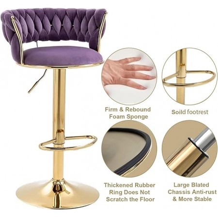 Scaun de bar modern, reglabil si rotativ, cu cadru auriu si tapiterie mov din velvet [2]