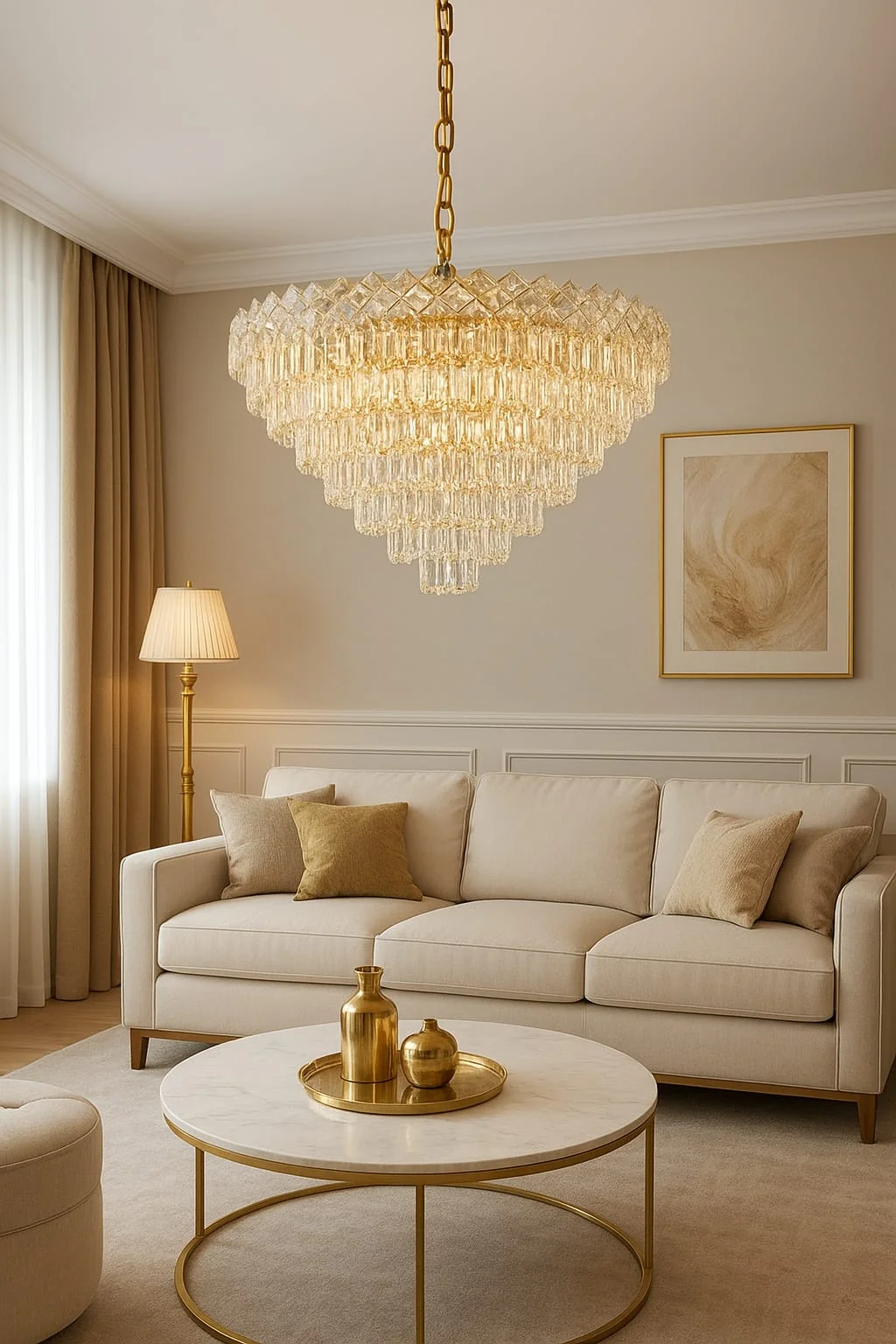 Candelabre - CANDELABRU AURIU CU CRISTALE – 8650/500 | Ø50 CM, 7X E27, ELEGANȚĂ ȘI RAFINAMENT