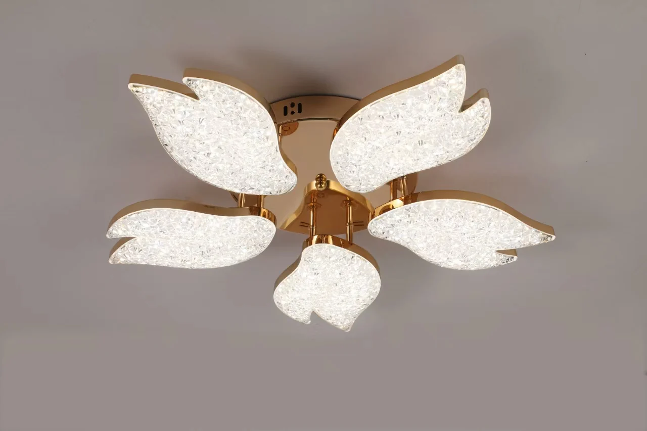 Lustre LED - Lustra LED moderna aurie cu petale acrilice, 100W, Ø61 cm, model 9141/5 FGD, lumină 3000–6500K, telecomandă