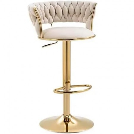 Scaune - Scaun de bar modern reglabil 65-80 cm, rotativ 360°, cadru auriu, tapițerie velvet alb-bej, pentru bucătărie sau insulă