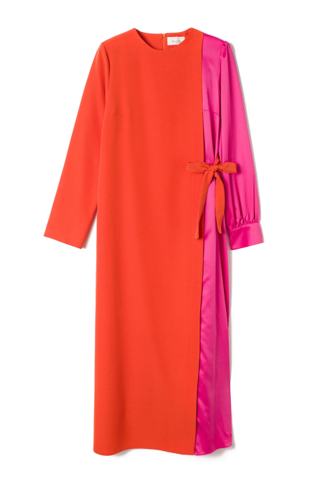 Rochie midi color block portocaliu-fucsia cu cordon în talie, elegantă [3]