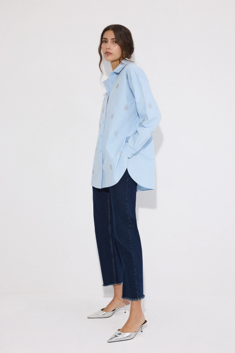 Camasa poplin bumbac cu pietre bleu AMEVIE [7]
