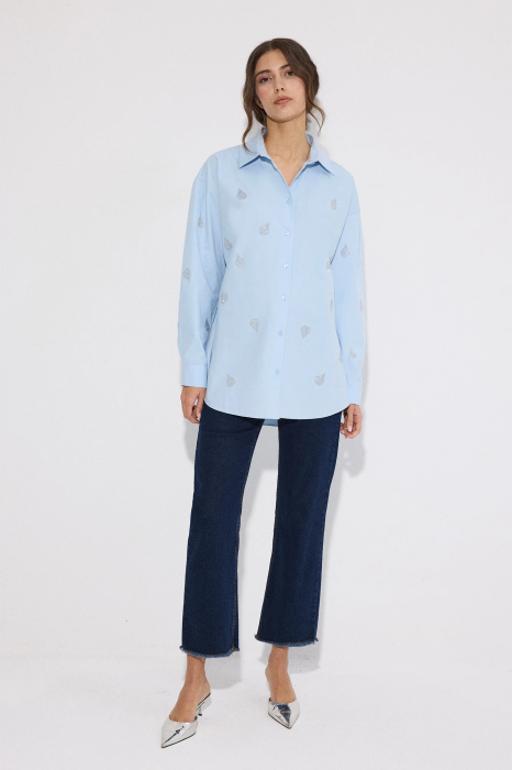 Camasa poplin bumbac cu pietre bleu AMEVIE [6]