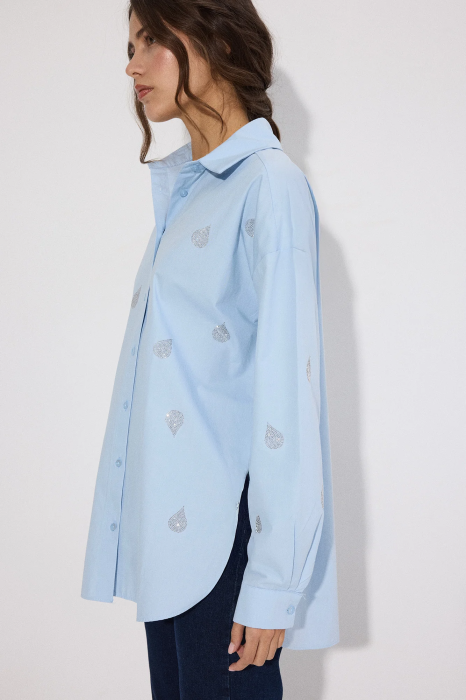 Camasa poplin bumbac cu pietre bleu AMEVIE [4]