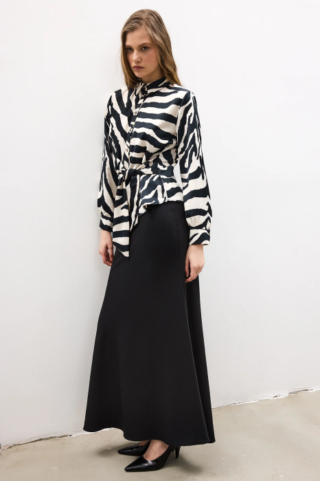 Cămașă Zebra Print cu Fundă | Cămașă Satinată Alb-Negru | Amévie [3]