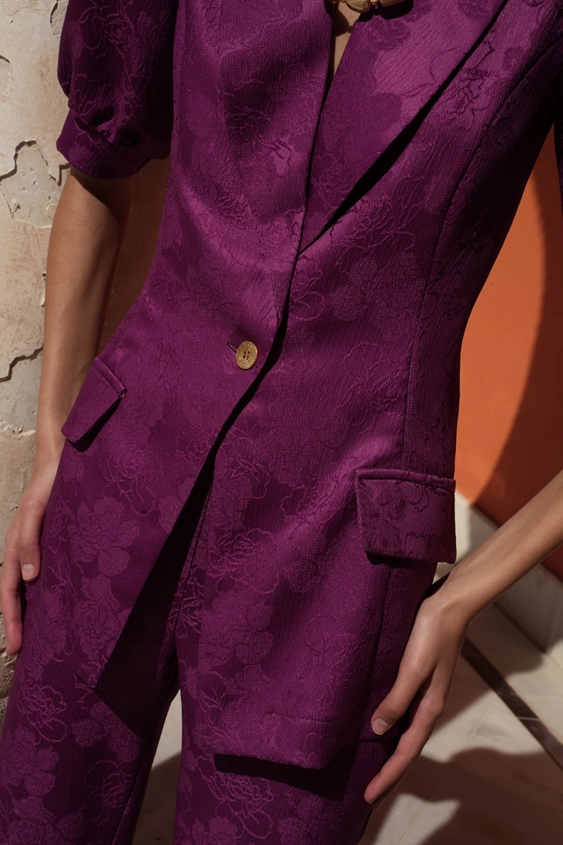 Costum Elegant 2 Piese Prune Mov Vanata Jacquard - Sacou Maneci Bufante si Pantaloni Drepti - Amevie [4]