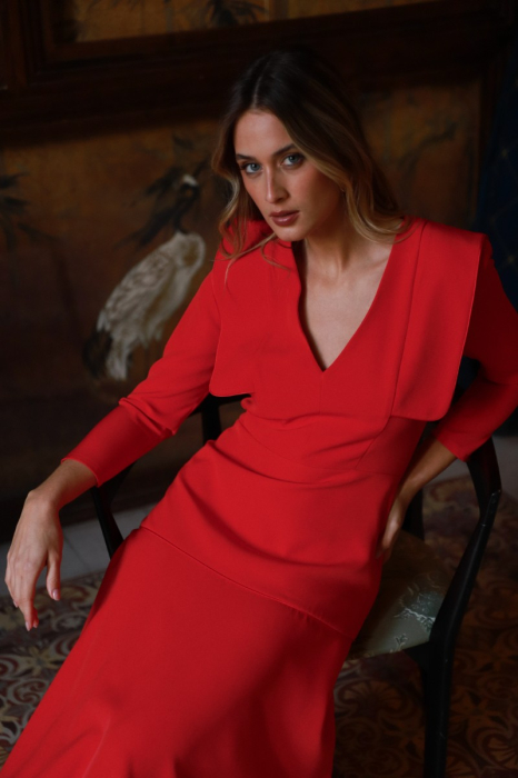 Rochie elegantă Kenta/Design premium cu revere și detalii din satin, fustă midi cloș și umeri structurați [4]