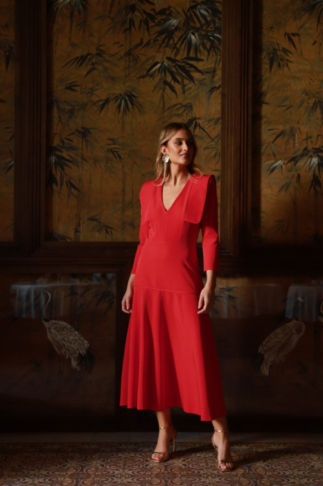 Rochie elegantă Kenta/Design premium cu revere și detalii din satin, fustă midi cloș și umeri structurați [2]