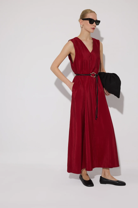 Rochie lungă tip sarafan cu decolteu V – VELVET Burgundy | AMEVIE [3]