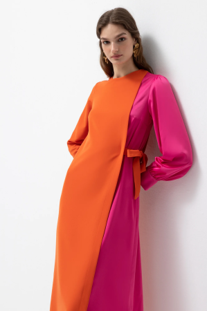 Rochii & Fuste - Rochie midi color block portocaliu-fucsia cu cordon în talie, elegantă
