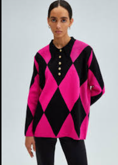 Cămăși, Topuri & Cardigane - Bluza Tricotata Diamond Polo Argyle | Fucsia Negru | AMEVIE