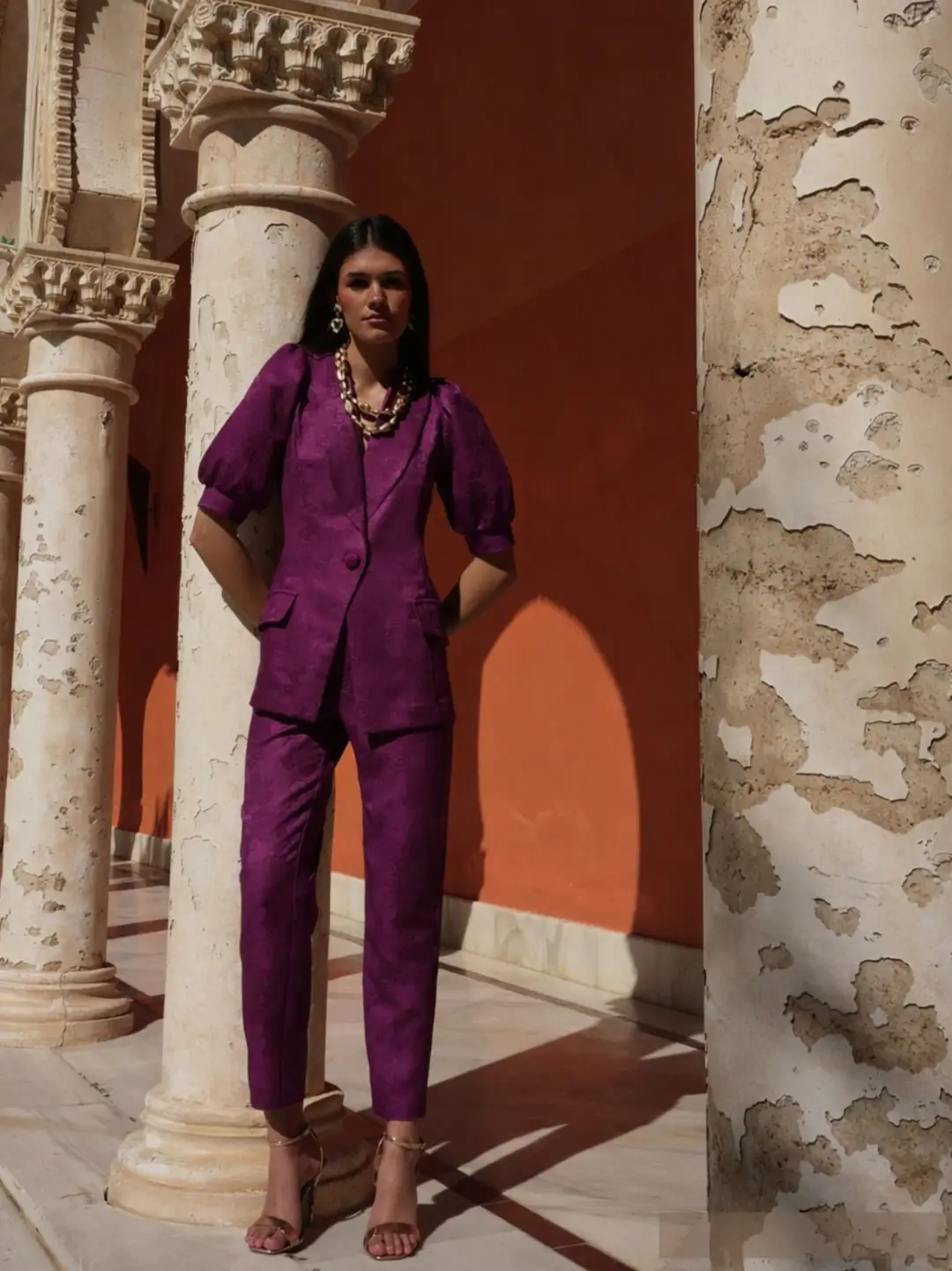 Costum Elegant 2 Piese Prune Mov Vanata Jacquard - Sacou Maneci Bufante si Pantaloni Drepti - Amevie [1]