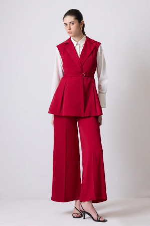 Ținute 2 piese - Costum vestă cu peplum și pantaloni largi – VALENCIA Roșu | AMEVIE