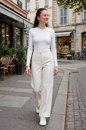 Pantaloni wide leg din crep cu talie înaltă – ARCHIVE Ecru | AMEVIE [3]