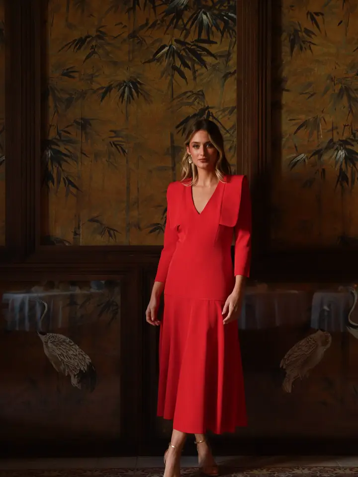 Rochii & Fuste - Rochie elegantă Kenta/Design premium cu revere și detalii din satin, fustă midi cloș și umeri structurați