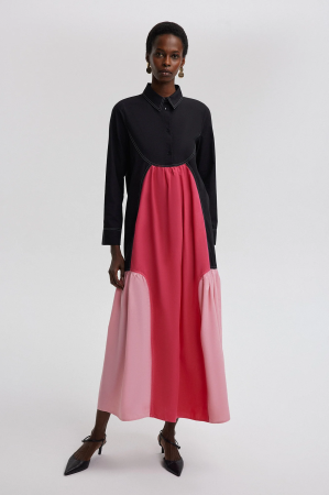 Rochii & Fuste - Rochie midi cămașă color block negru-roz-fucsia - Artistic