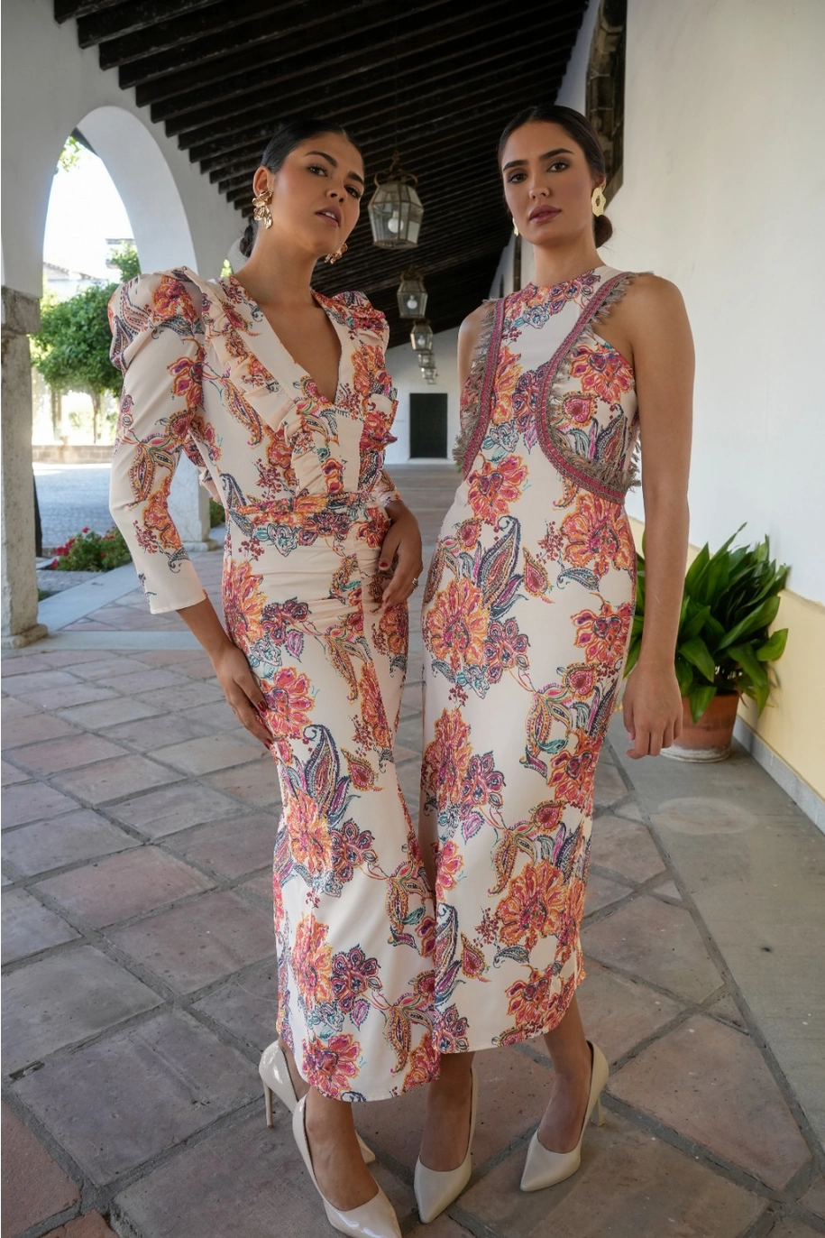 Rochie Triana cu print floral si maneci trei-sferturi cu volane [3]