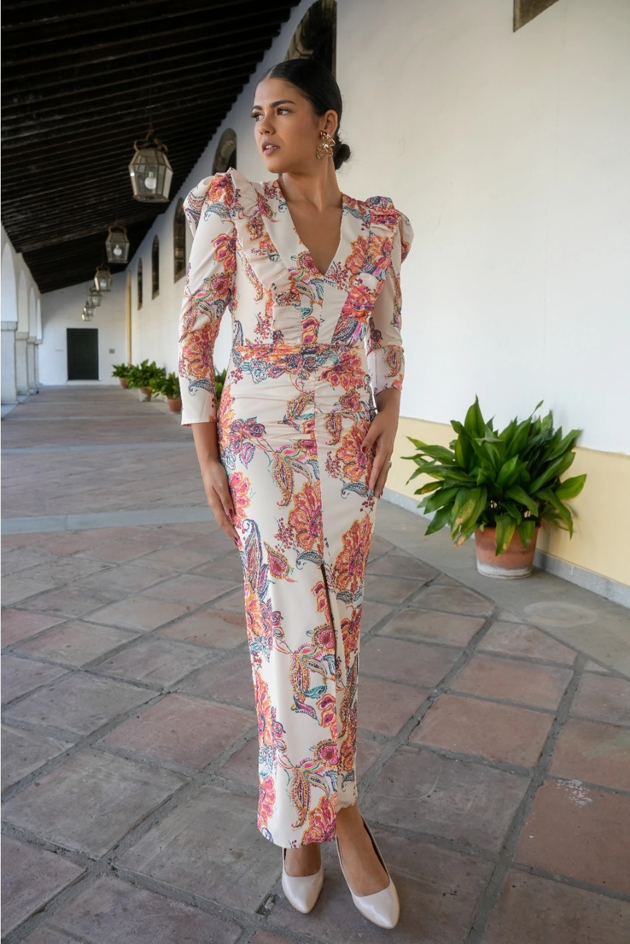 Rochie Triana cu print floral si maneci trei-sferturi cu volane [1]
