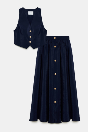 Ținute 2 piese - Set vestă și fustă midi cu nasturi – RIVIERA Navy | AMEVIE
