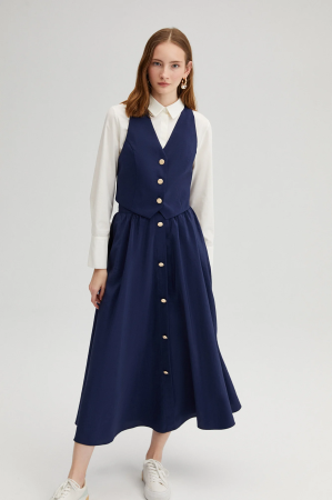 Set vestă și fustă midi cu nasturi – RIVIERA Navy | AMEVIE [1]