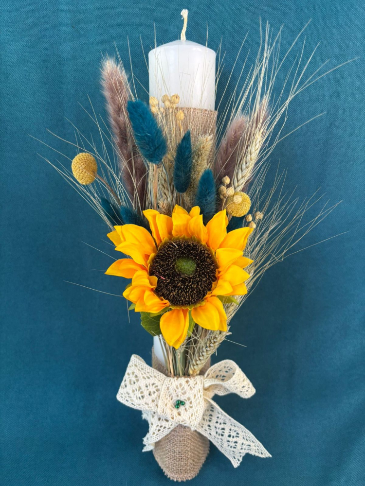 LUMANARE PENTRU NUNTA SAU BOTEZ CU FLOAREA SOARELUI SI PLANTE USCATE [2]