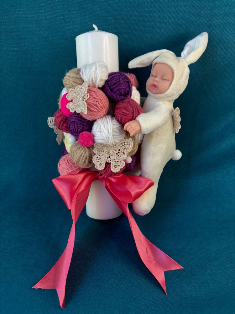 LUMANARE PENTRU BOTEZ REALIZATA HANDMADE CU GHEME SI IEPURAS [2]