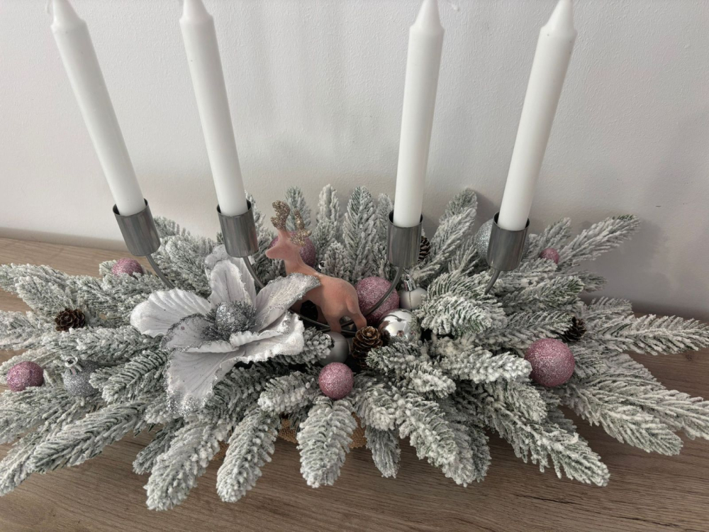 Aranjament pentru Craciun din brad nins cu suport pentru lumanari [2]