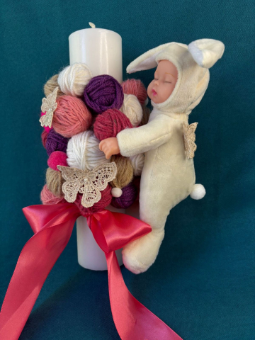 Produse pentru nunta si botez - LUMANARE PENTRU BOTEZ REALIZATA HANDMADE CU GHEME SI IEPURAS