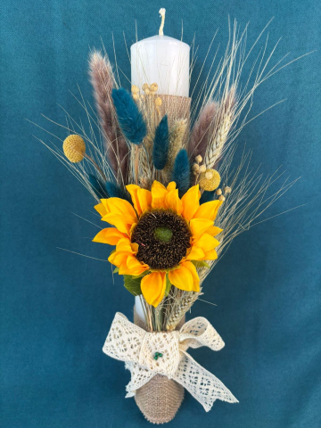 LUMANARE PENTRU NUNTA SAU BOTEZ CU FLOAREA SOARELUI SI PLANTE USCATE [1]