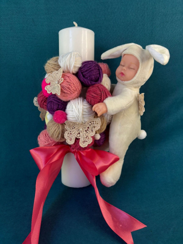 LUMANARE PENTRU BOTEZ REALIZATA HANDMADE CU GHEME SI IEPURAS [2]