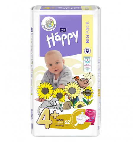 Scutece copii - HAPPY SCUTEC NR4+ MAXI PLUS 62BUC 9-20KG
