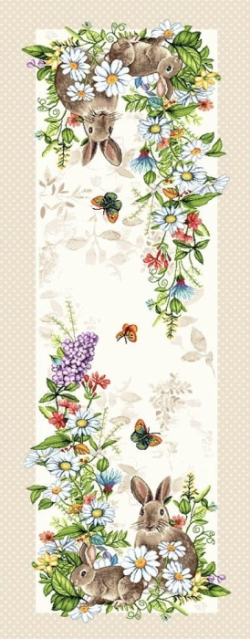 Față de masă din bumbac tip goblen, model Pascal- Iepuri si Flori de Liliac [2]