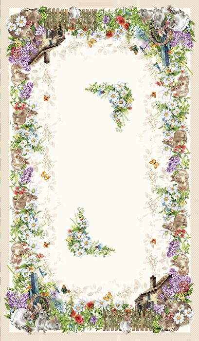 Față de masă din bumbac tip goblen, model Pascal- Iepuri si Flori de Liliac [4]