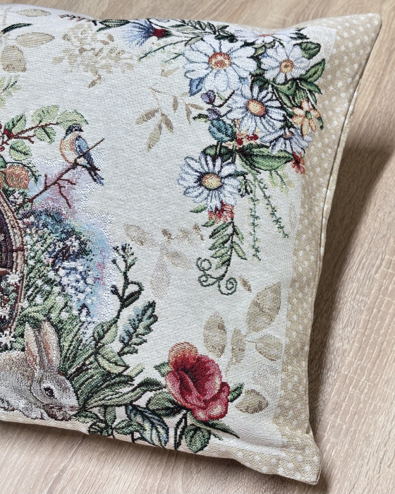 Față pernă din bumbac tip goblen, 40/40 cm, Iepuri si Flori de Liliac 1 [2]