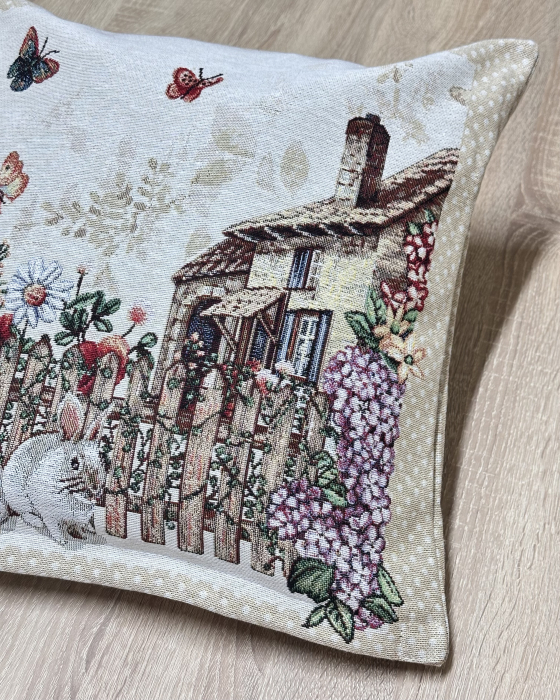 Față pernă din bumbac tip goblen, 40/40 cm, Iepuri si Flori de Liliac 2 [2]