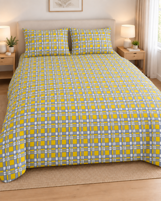 Lenjerie de pat cu model Carouri galbene din bumbac ranforce 100% – Ana Confort [2]