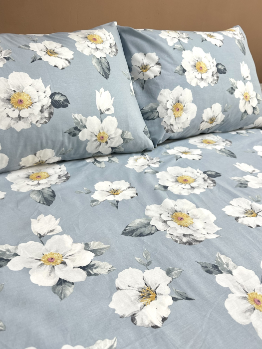 Lenjerie de pat din bumbac ranforce 100% - Elisa, bleu cu flori albe [2]