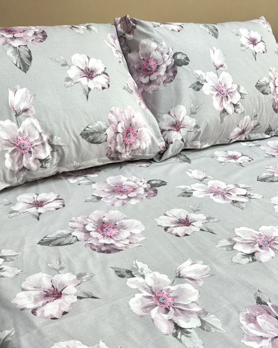 Lenjerie de pat din bumbac ranforce 100% - Elisa, gri cu flori roz [2]