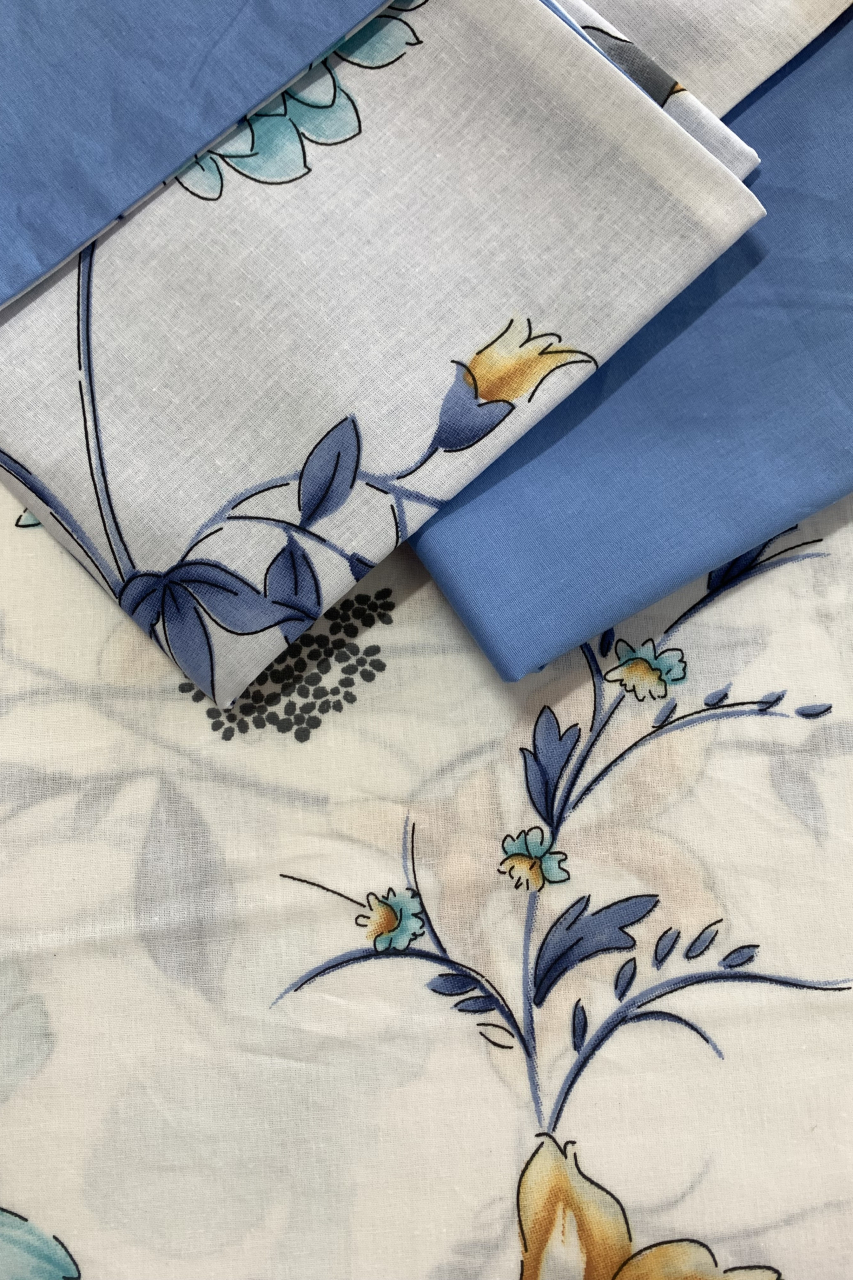 Lenjerie de pat din bumbac satinat XXL - Flori + Uni Bleu [1]