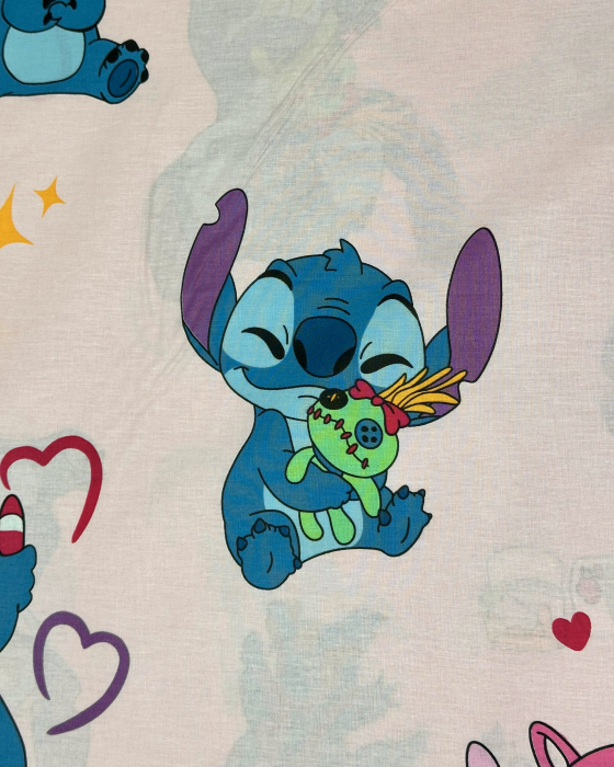 Lenjerie de pat pentru copii din bumbac ranforce 100% - Stitch fundal roz [2]