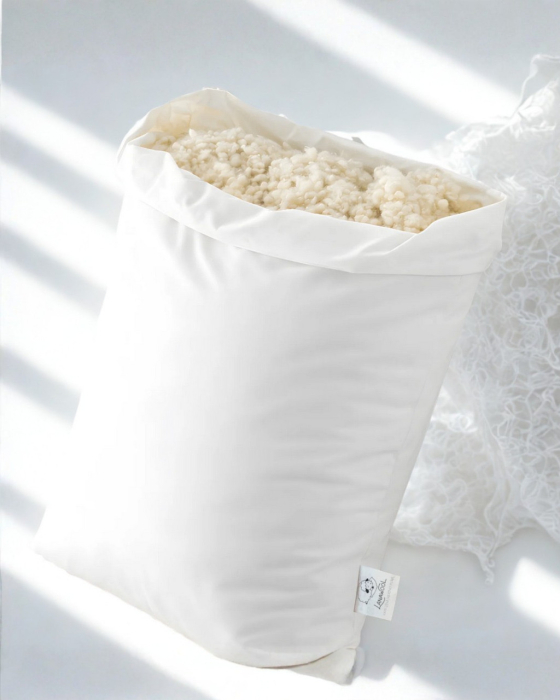 Pernă Lână Merino 100% | 50x70 cm Fermitate ridicata 900 g | Dos din Bumbac, cu Fermoar, Crem [2]