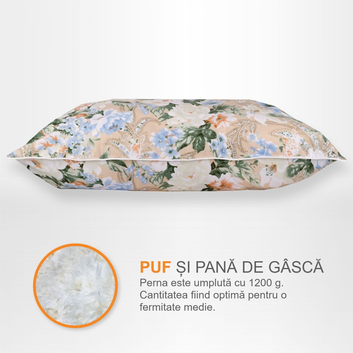 Perna cu Puf și Pană de Gâscă, 50*70, Flori Crem [3]
