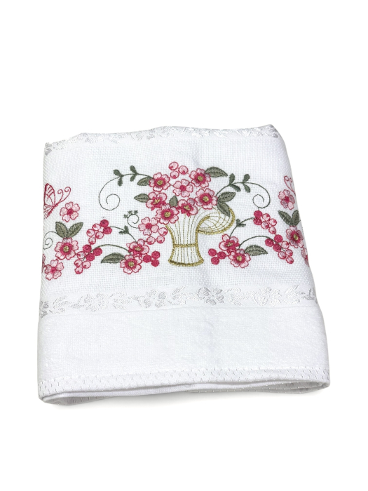 Prosop față brodat 50x90 cm|bumbac 100%| frotir absorbant| Vază cu flori [7]